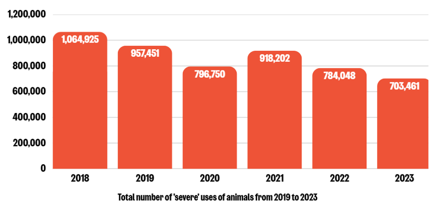 Bar chart showing total number of 'severe' uses of animals from 2019 to 2023.